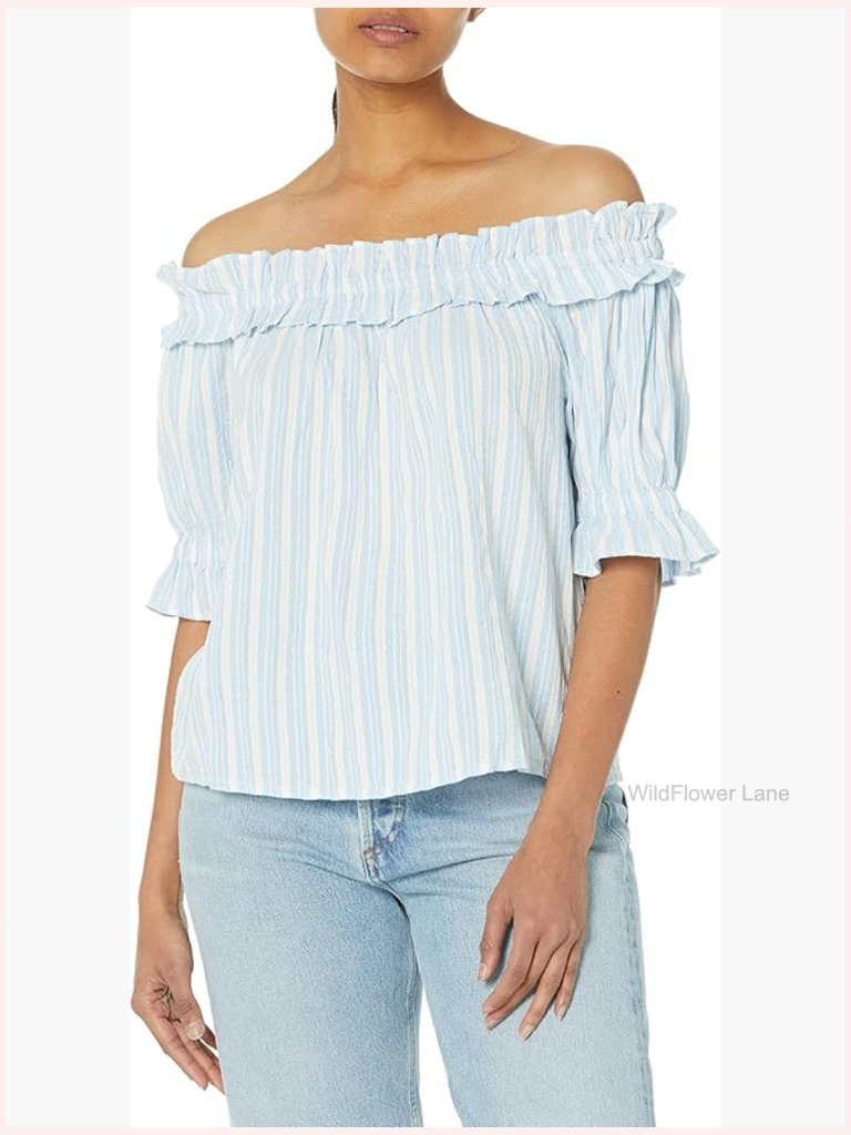 Off Shoulder Striped Top Blouse Ruffle Short Sleeve